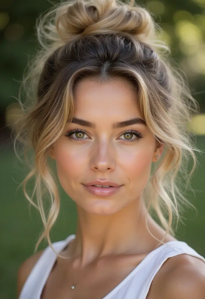 25 Blonde Hair with Dark Roots Looks That Stay Trendy 14 25 Blonde Hair with Dark Roots Looks That Stay Trendy - 14. Messy Bun with Highlights