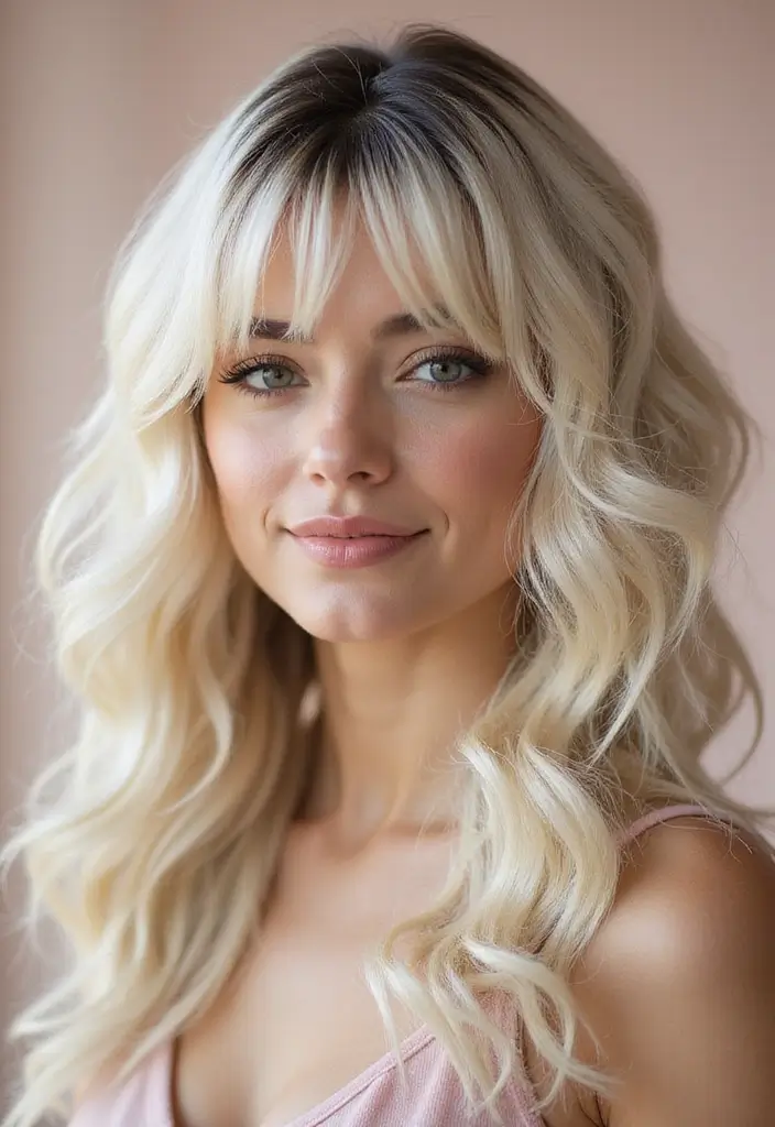 25 Blonde Hair with Dark Roots Looks That Stay Trendy 21 25 Blonde Hair with Dark Roots Looks That Stay Trendy - 21. Curly Bangs with Long Hair