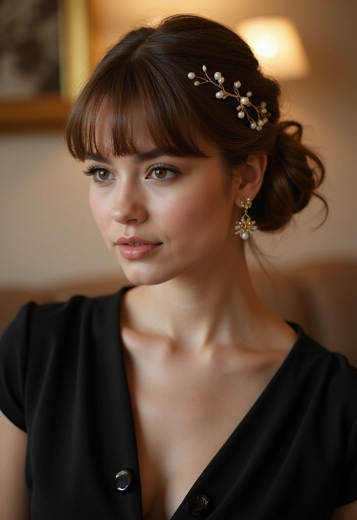27 Flattering Hairstyles for Round Faces That Slim Instantly - 16. Classic Updo with Bangs