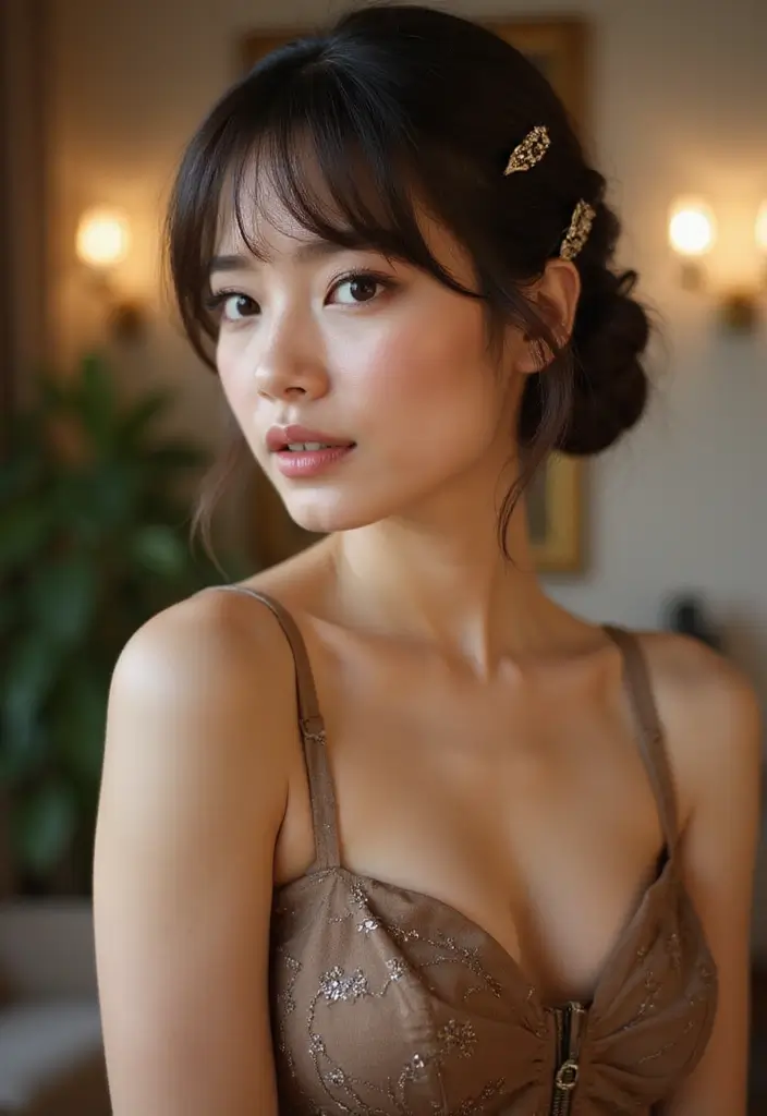 27 Flattering Hairstyles for Round Faces That Slim Instantly - 27. Elegant Chignon with Bangs