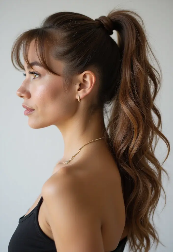 27 Flattering Hairstyles for Round Faces That Slim Instantly - 6. High Ponytail with Face-Framing Layers