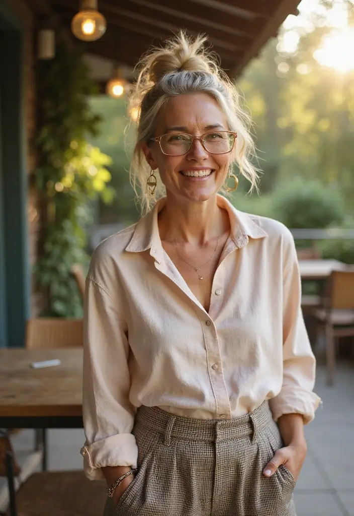 27 Hairstyles for Women Over 50 with Glasses That Look Stylish 11 27 Hairstyles for Women Over 50 with Glasses That Look Stylish - 11. Messy Top Knot