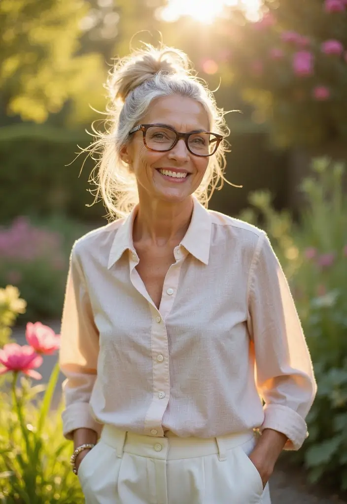 27 Hairstyles for Women Over 50 with Glasses That Look Stylish 2 27 Hairstyles for Women Over 50 with Glasses That Look Stylish - 2. Loose Bun with Wispy Strands