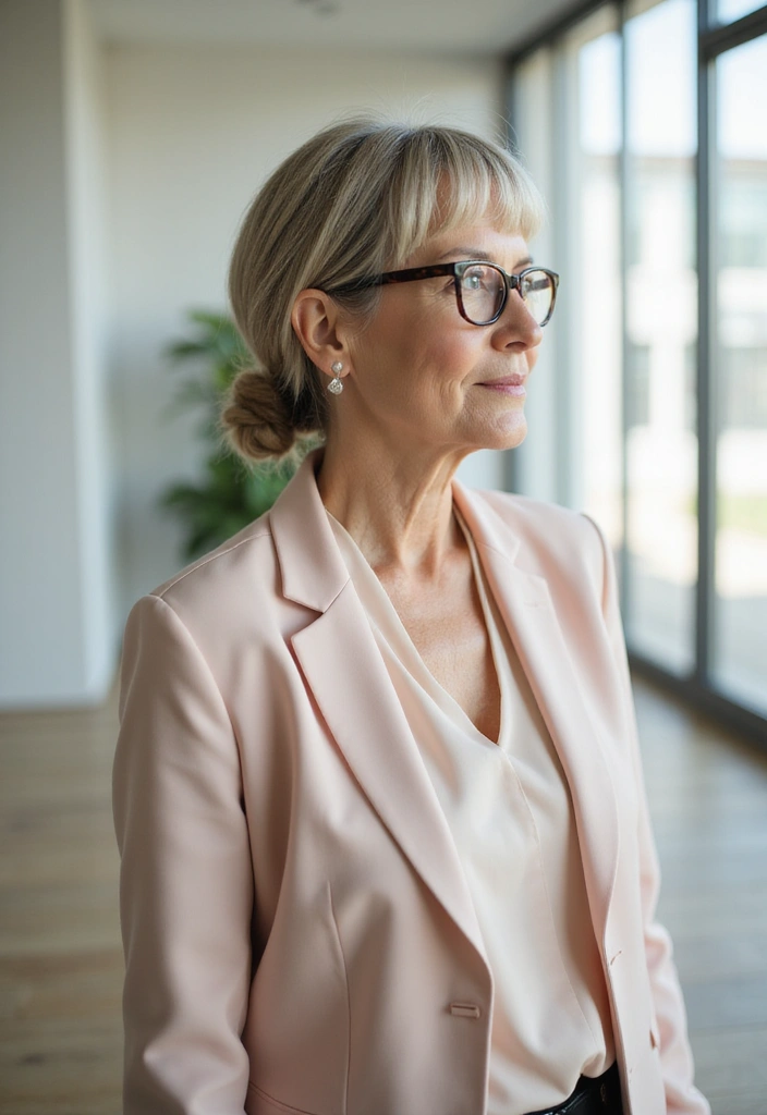 27 Hairstyles for Women Over 50 with Glasses That Look Stylish 20 27 Hairstyles for Women Over 50 with Glasses That Look Stylish - 20. Chic Low Bun with Curtain Bangs