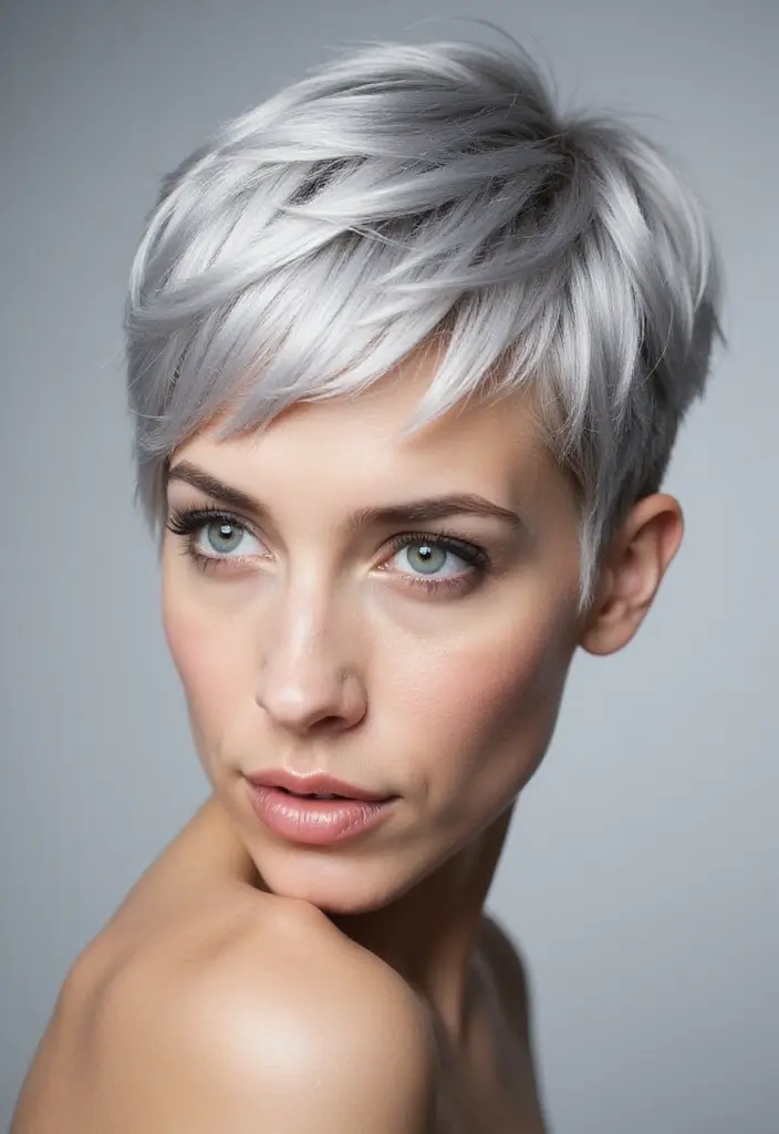 27 Shades of Grey Silver & White Highlights That Look Stunning 6 27 Shades of Grey Silver & White Highlights That Look Stunning - 6. Frosted Silver Pixie