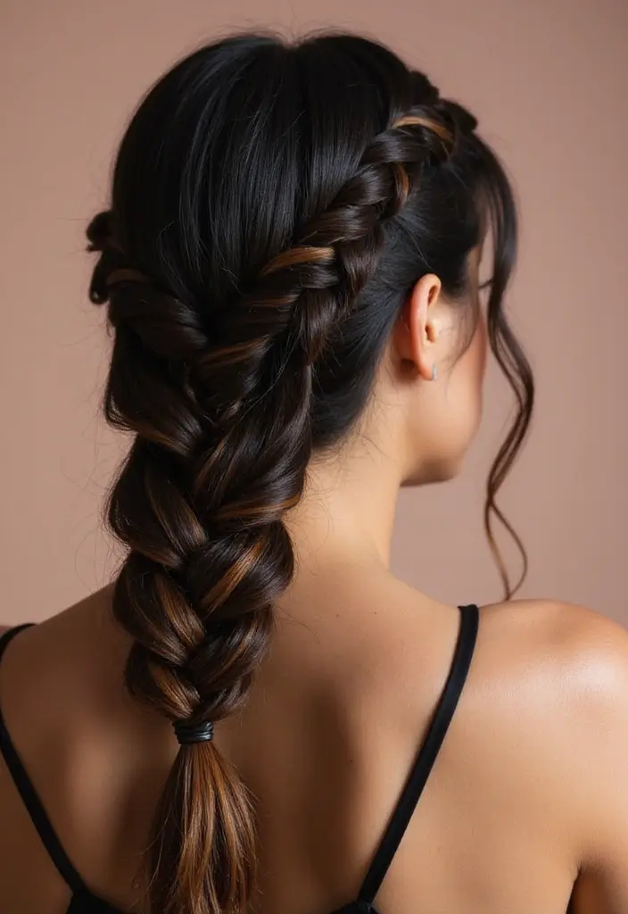 29 Black Hair with Caramel Highlights Ideas That Shine Naturally - 22. Caramel Highlights with a Fishtail Braid
