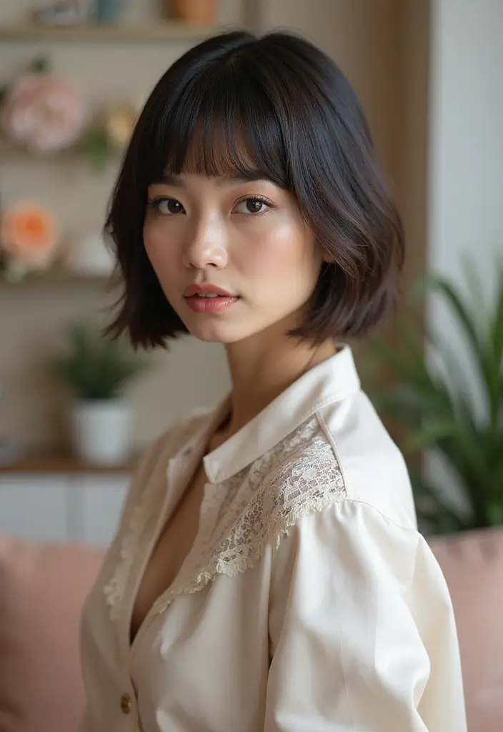 29 Medium Length Haircuts with Bangs That Stay Timeless 11 29 Medium Length Haircuts with Bangs That Stay Timeless - 11. Smooth Blunt Cut with Layered Bangs