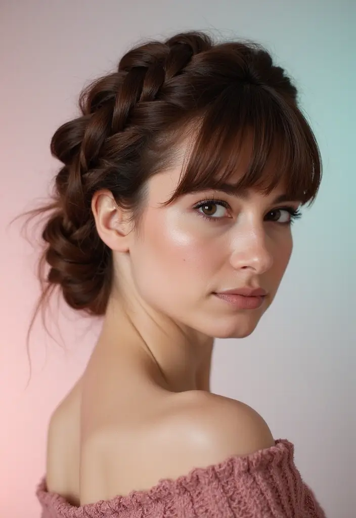 29 Medium Length Haircuts with Bangs That Stay Timeless 14 29 Medium Length Haircuts with Bangs That Stay Timeless - 14. Dutch Braided Updo with Bangs