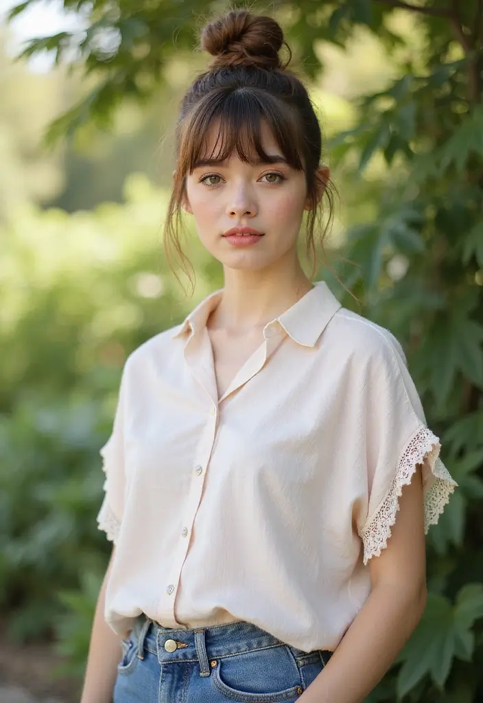 29 Medium Length Haircuts with Bangs That Stay Timeless 15 29 Medium Length Haircuts with Bangs That Stay Timeless - 15. Messy Bun with Face-Framing Bangs