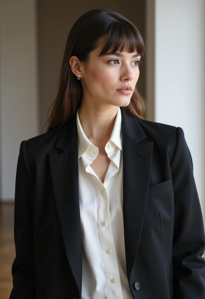 29 Medium Length Haircuts with Bangs That Stay Timeless 19 29 Medium Length Haircuts with Bangs That Stay Timeless - 19. Slicked Back Hair with Blunt Bangs