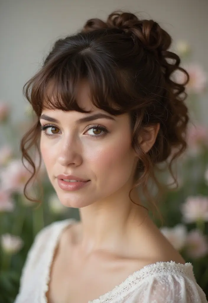 29 Medium Length Haircuts with Bangs That Stay Timeless 20 29 Medium Length Haircuts with Bangs That Stay Timeless - 20. Curly Updo with Bangs