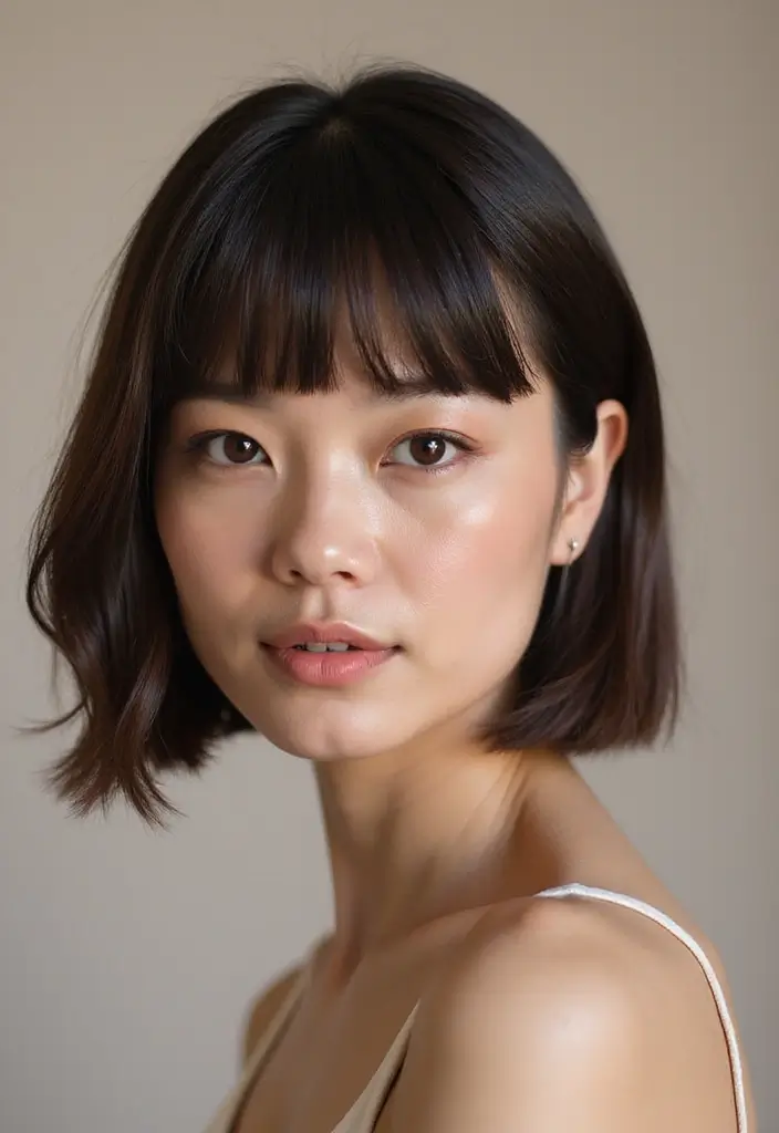 29 Medium Length Haircuts with Bangs That Stay Timeless 21 29 Medium Length Haircuts with Bangs That Stay Timeless - 21. Side-Parted Lob with Straight Bangs
