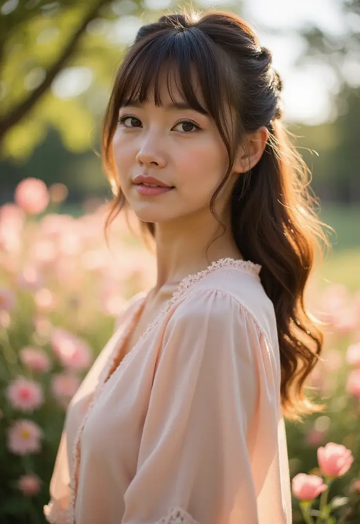 29 Medium Length Haircuts with Bangs That Stay Timeless 27 29 Medium Length Haircuts with Bangs That Stay Timeless - 27. Half-Up Twist with Bangs