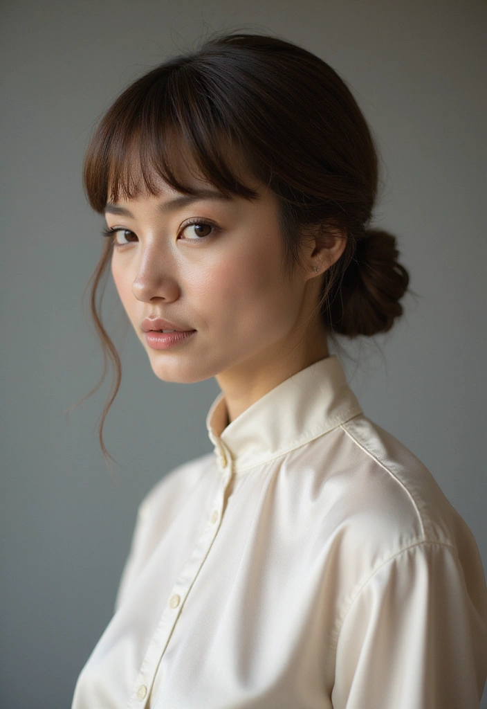 29 Medium Length Haircuts with Bangs That Stay Timeless 29 29 Medium Length Haircuts with Bangs That Stay Timeless - 29. Sleek Low Bun with Bangs