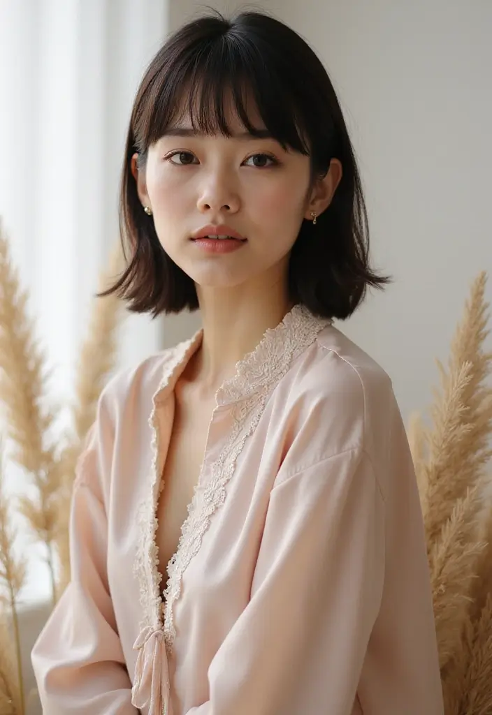 29 Medium Length Haircuts with Bangs That Stay Timeless 3 29 Medium Length Haircuts with Bangs That Stay Timeless - 3. Blunt Cut with Curtain Bangs