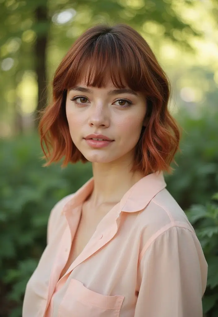 29 Medium Length Haircuts with Bangs That Stay Timeless 5 29 Medium Length Haircuts with Bangs That Stay Timeless - 5. Layered Cut with Bold Bangs