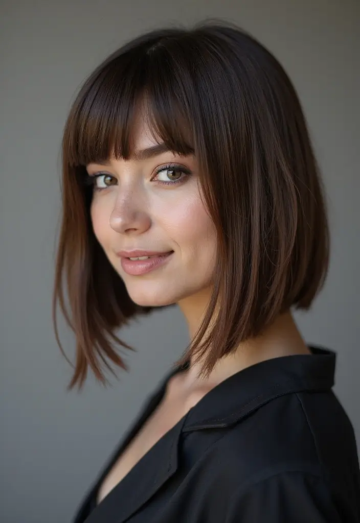 29 Medium Length Haircuts with Bangs That Stay Timeless 8 29 Medium Length Haircuts with Bangs That Stay Timeless - 8. Sleek Long Bob with Asymmetrical Bangs