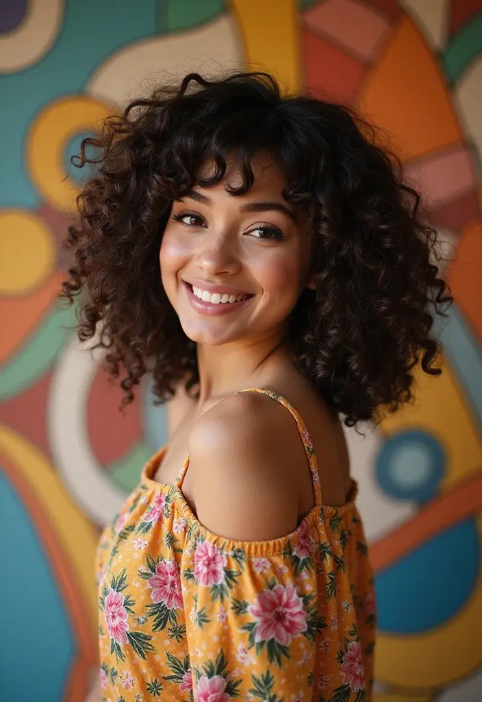 29 Medium Length Haircuts with Bangs That Stay Timeless 9 29 Medium Length Haircuts with Bangs That Stay Timeless - 9. Curly Medium Cut with Rounded Bangs