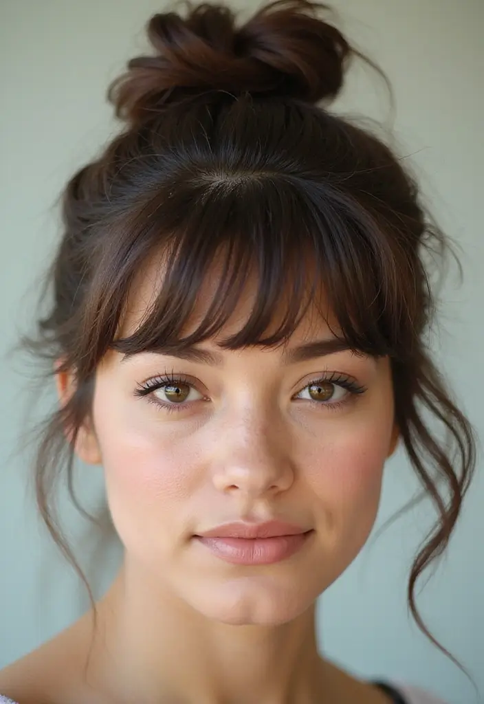 29 Super Chic Hairstyles for Long Faces That Break Up the Length - 9. Messy Bun with Bangs