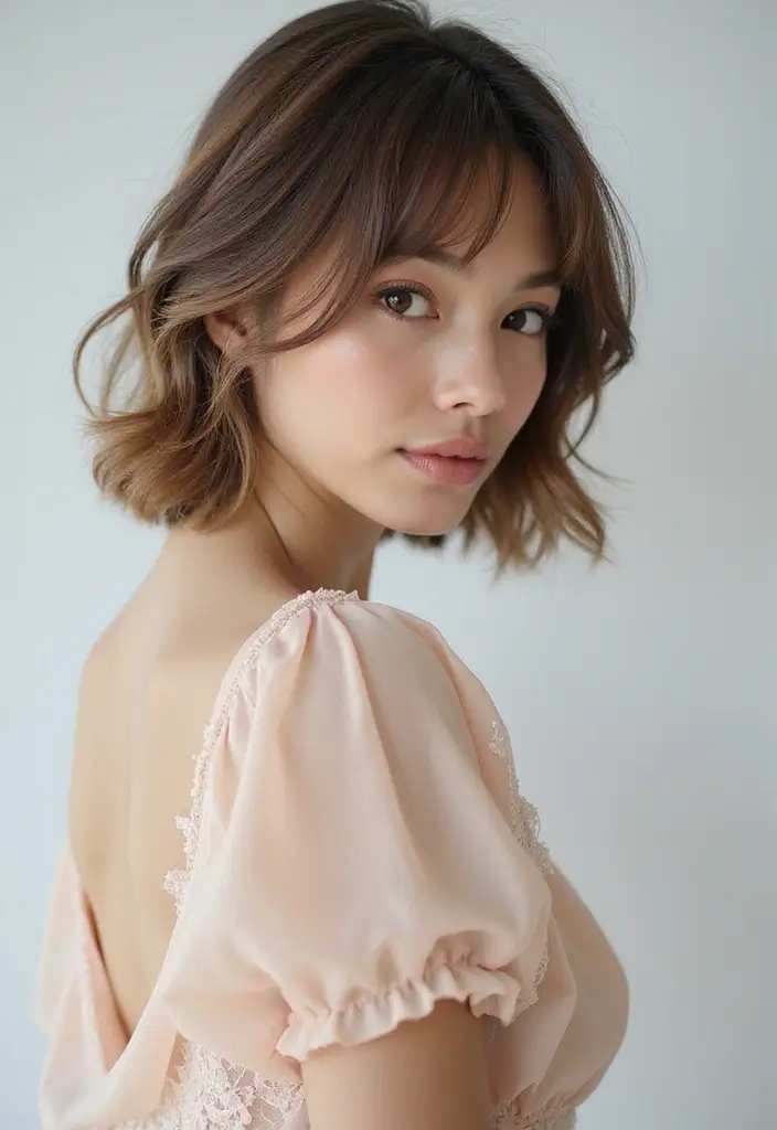 30 Bobs for Round Faces That Look Flattering & Fresh - 26. Romantic Bob with Soft Waves and Bangs