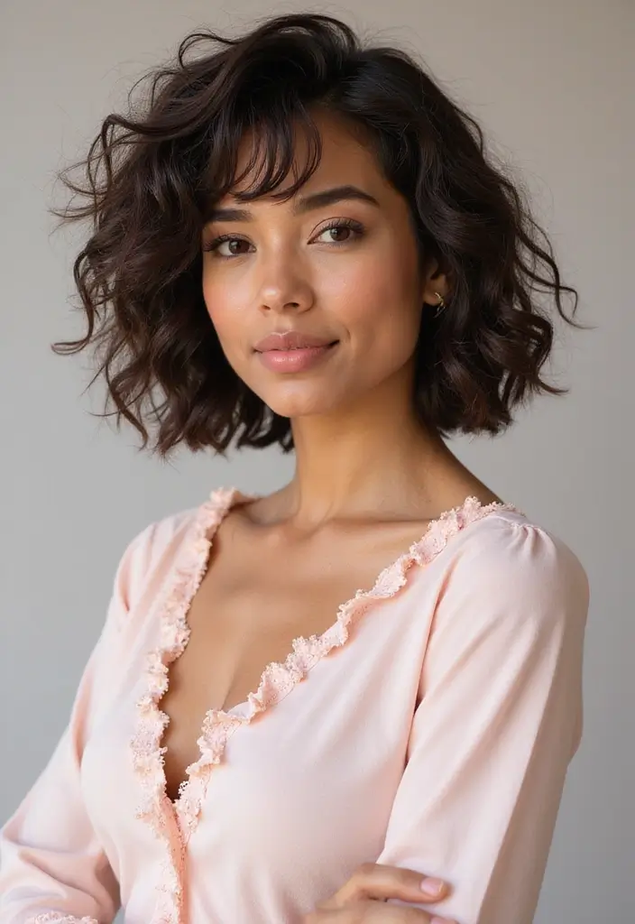 30 Bobs for Round Faces That Look Flattering & Fresh - 6. Curly Bob with Side Swept Bangs