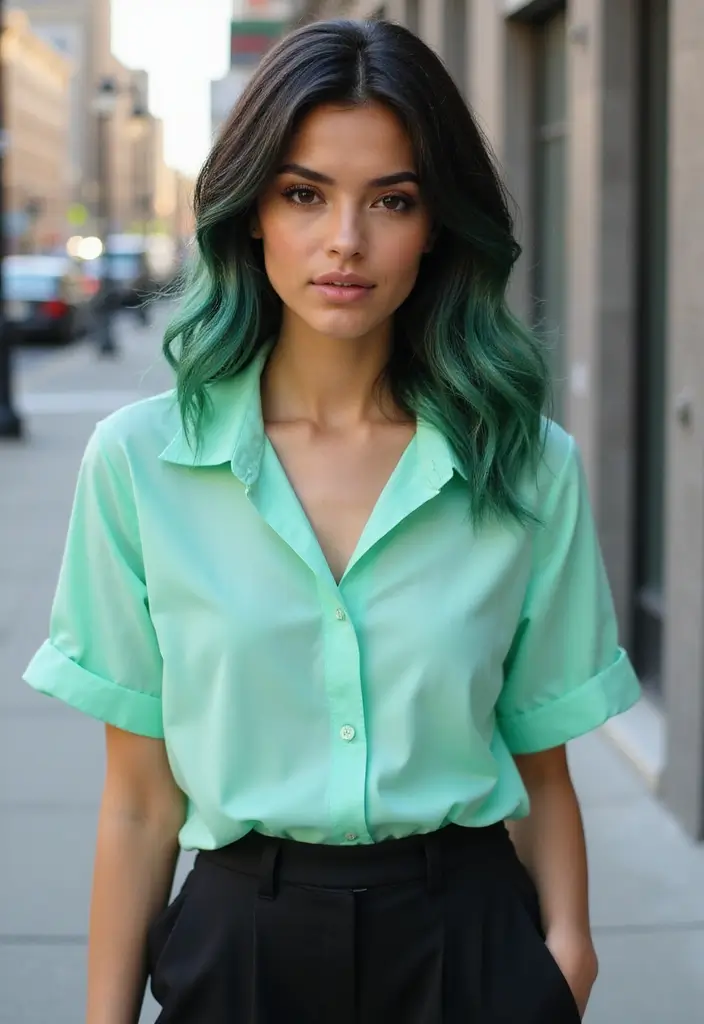 25 Black Hair with Highlights Ideas That Add Subtle Dimension 10 25 Black Hair with Highlights Ideas That Add Subtle Dimension - 10. Cool Mint Accents