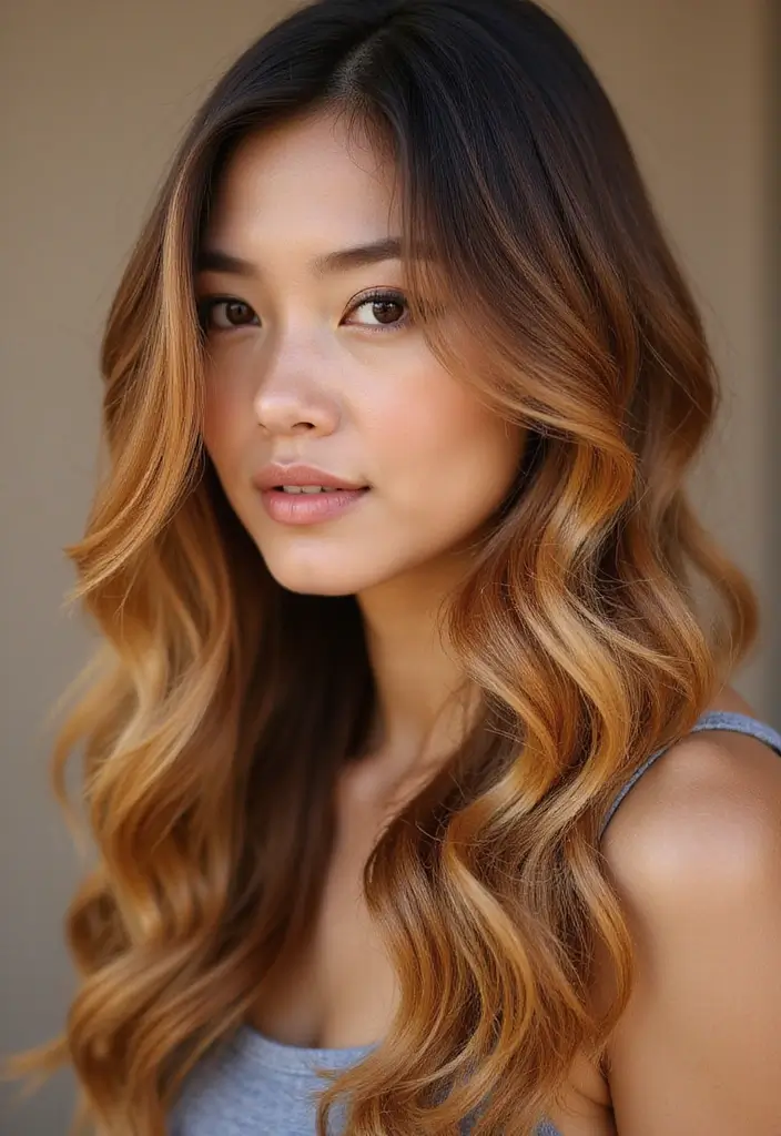 25 Black Hair with Highlights Ideas That Add Subtle Dimension 16 25 Black Hair with Highlights Ideas That Add Subtle Dimension - 14. Golden Caramel Ombré