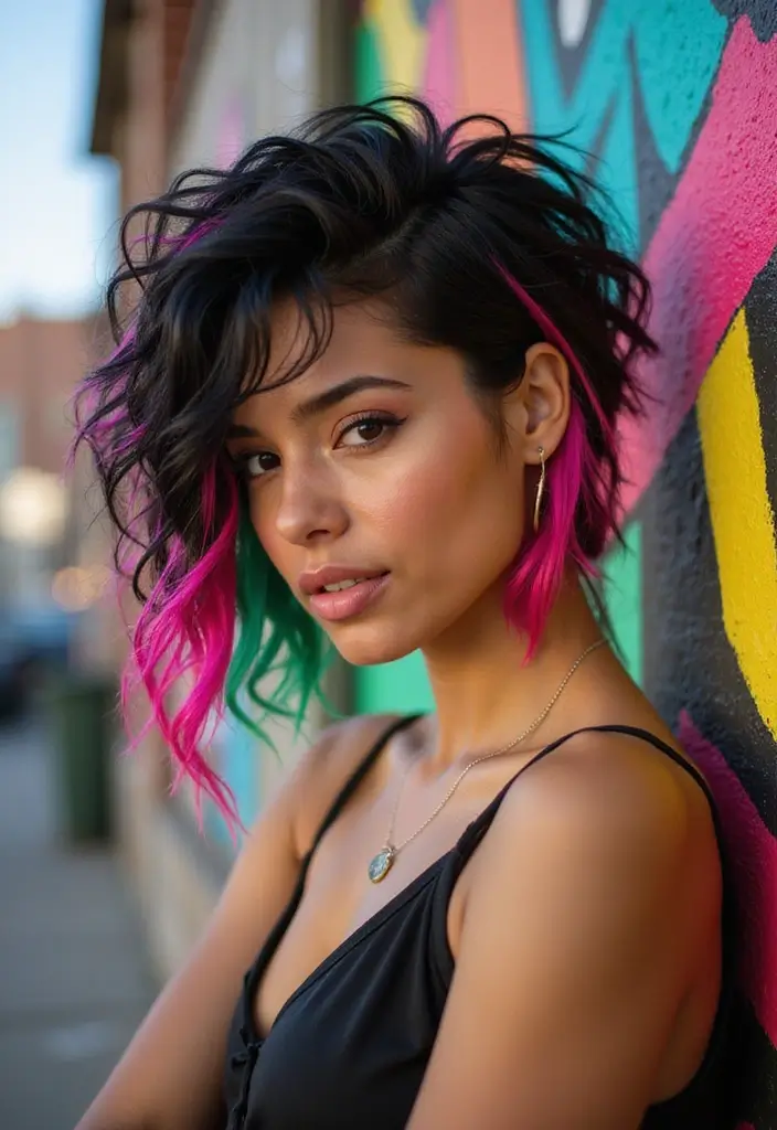 25 Black Hair with Highlights Ideas That Add Subtle Dimension 20 25 Black Hair with Highlights Ideas That Add Subtle Dimension - 18. Playful Neon Streaks