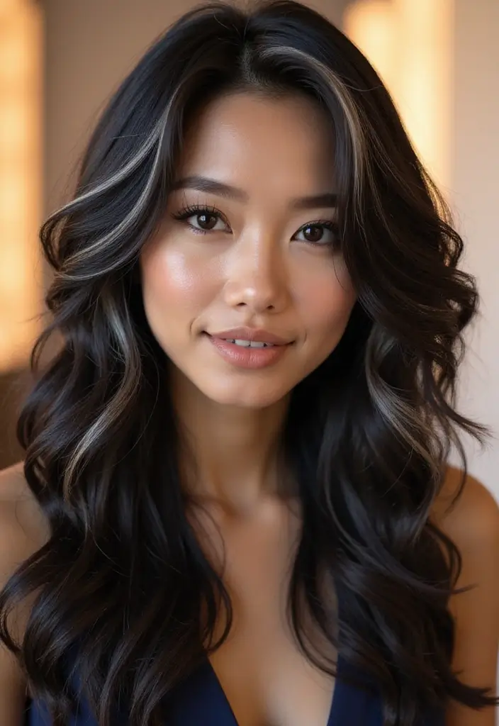 25 Black Hair with Highlights Ideas That Add Subtle Dimension 27 25 Black Hair with Highlights Ideas That Add Subtle Dimension - 23. Luminous Platinum Highlights