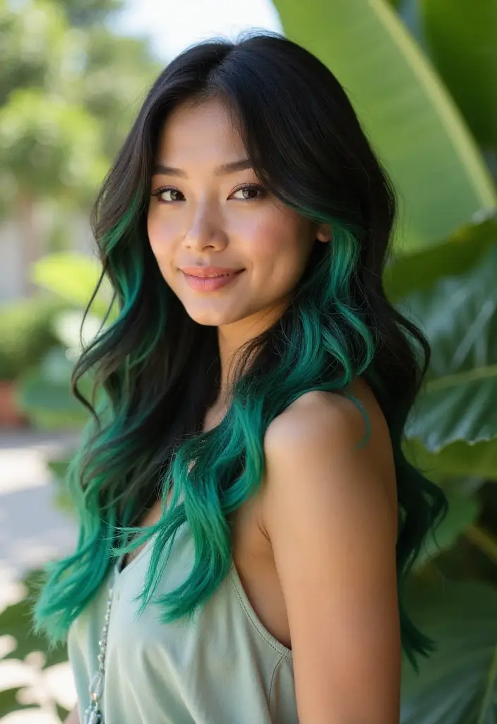 25 Black Hair with Highlights Ideas That Add Subtle Dimension 28 25 Black Hair with Highlights Ideas That Add Subtle Dimension - 24. Tropical Green Highlights