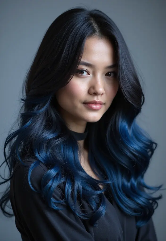 25 Black Hair with Highlights Ideas That Add Subtle Dimension 29 25 Black Hair with Highlights Ideas That Add Subtle Dimension - 25. Deep Ocean Blue