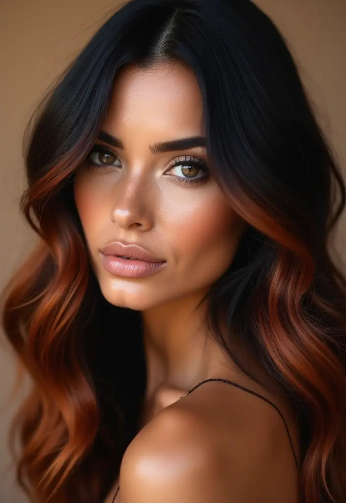 25 Black Hair with Highlights Ideas That Add Subtle Dimension 7 25 Black Hair with Highlights Ideas That Add Subtle Dimension - 7. Radiant Copper Streaks