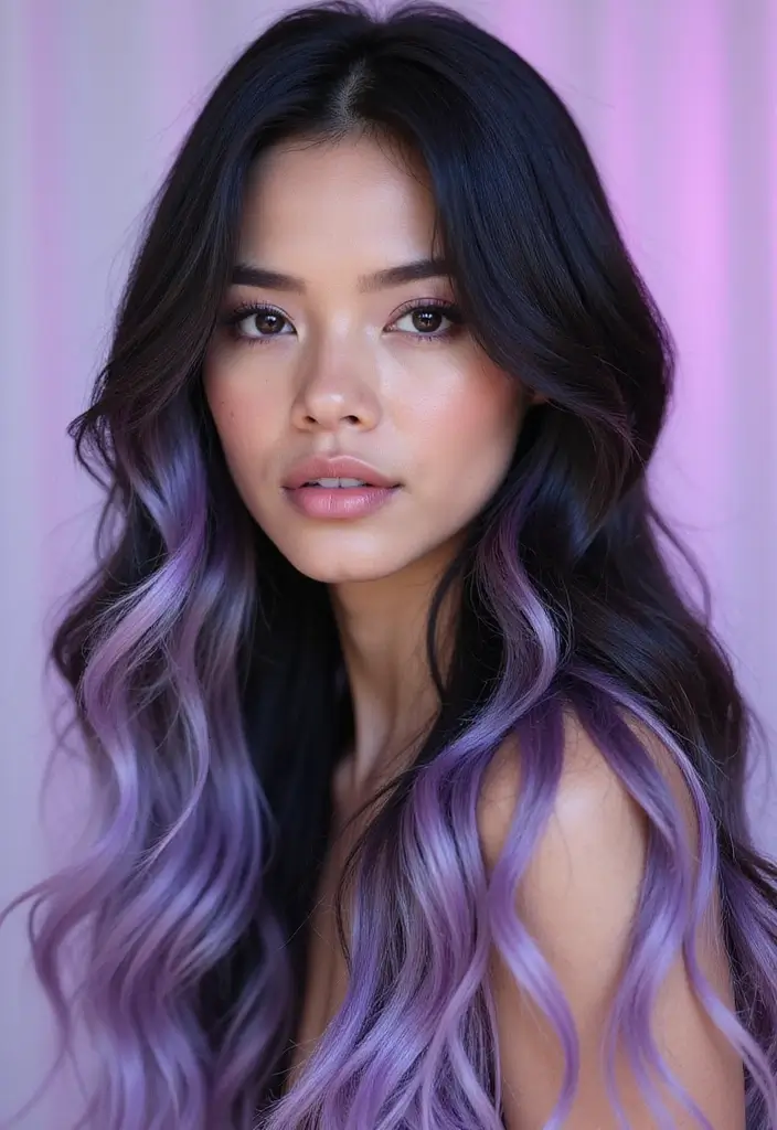25 Black Hair with Highlights Ideas That Add Subtle Dimension 8 25 Black Hair with Highlights Ideas That Add Subtle Dimension - 8. Subdued Lavender Hues