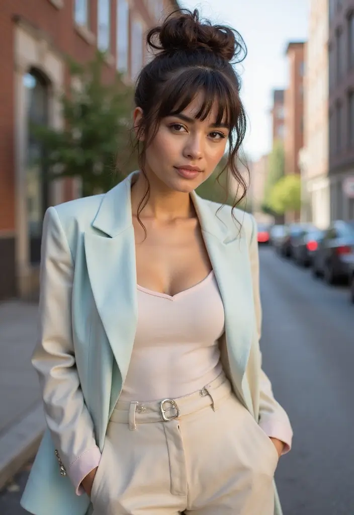 25 Gorgeous Fringe Hairstyles To Instantly Refresh Your Look - 19. Curly Fringe with a Top Knot
