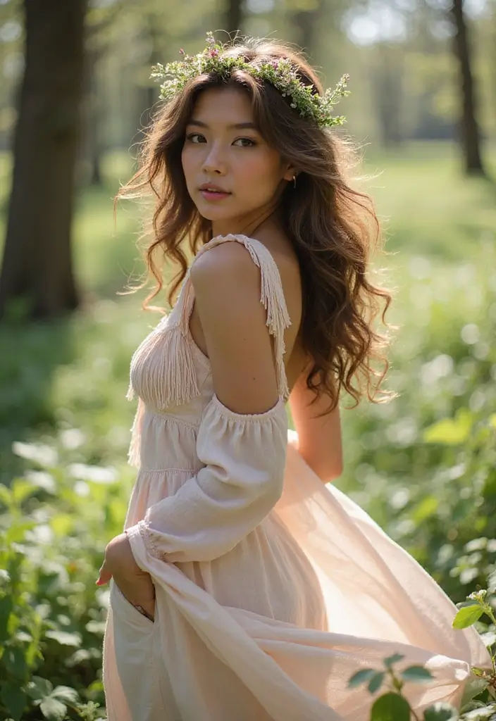 25 Gorgeous Fringe Hairstyles To Instantly Refresh Your Look - 25. Curly Fringe with a Flower Crown