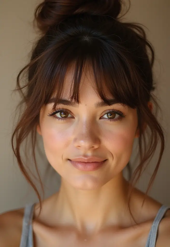 26 Glamorous Dark Brown Hair With Highlights You Can’t Resist 25 26 Glamorous Dark Brown Hair With Highlights You Can’t Resist - 21. Messy Bun with Subtle Highlights