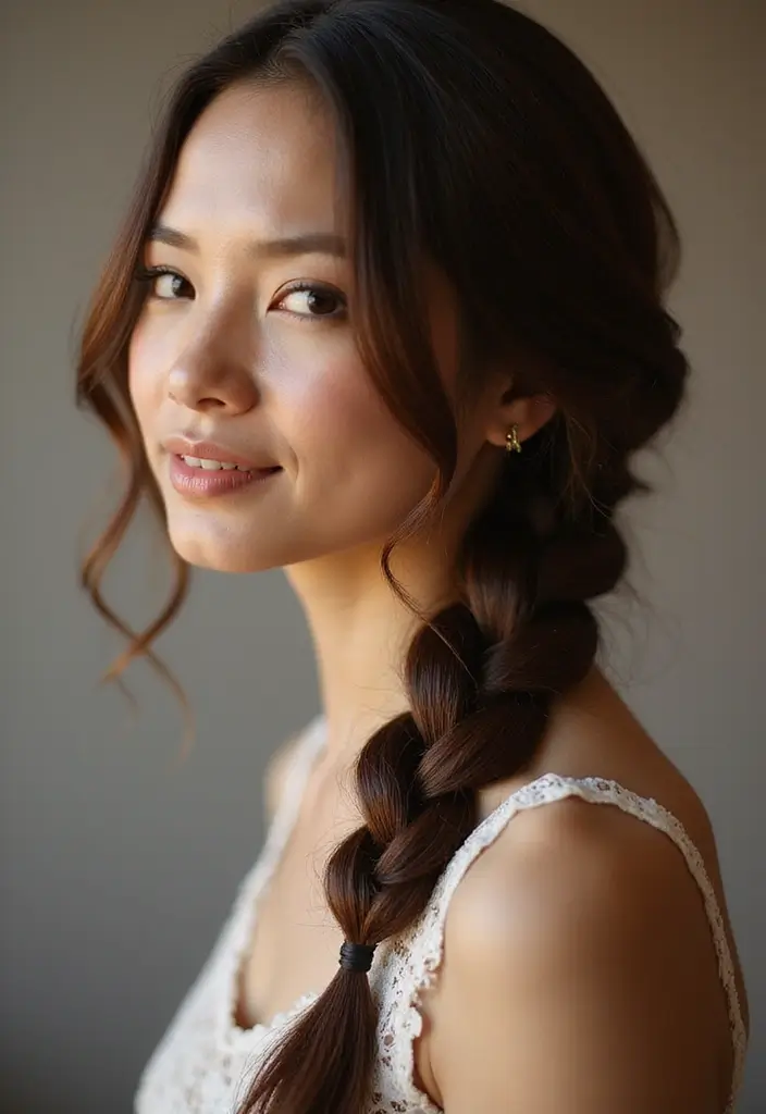 26 Glamorous Dark Brown Hair With Highlights You Can’t Resist 26 26 Glamorous Dark Brown Hair With Highlights You Can’t Resist - 22. Elegant Side Braid