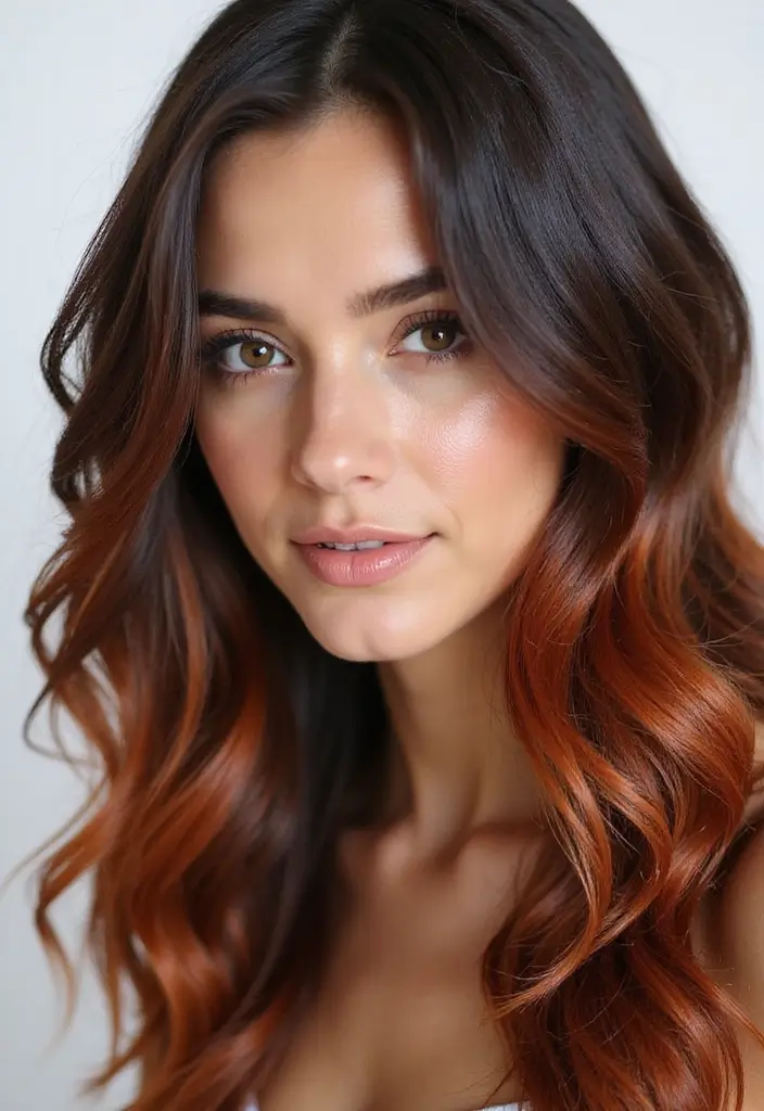 26 Glamorous Dark Brown Hair With Highlights You Can’t Resist 7 26 Glamorous Dark Brown Hair With Highlights You Can’t Resist - 7. Trendy Copper Accents