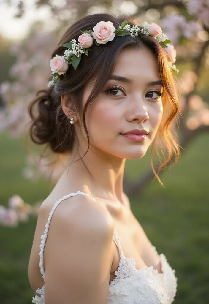 27 Half Up Half Down Wedding Hairstyles: Elegant Ideas for Brides 10 27 Half Up Half Down Wedding Hairstyles: Elegant Ideas for Brides - 10. Floral Headband with Loose Half Updo
