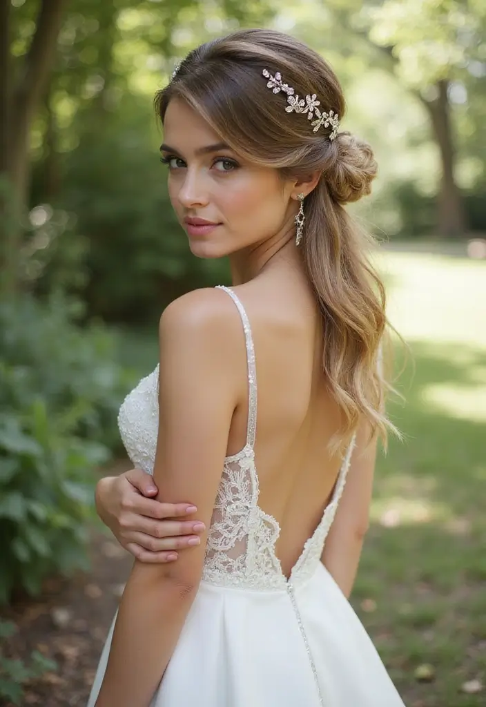27 Half Up Half Down Wedding Hairstyles: Elegant Ideas for Brides 14 27 Half Up Half Down Wedding Hairstyles: Elegant Ideas for Brides - 12. Sleek Half Up with Decorative Clips