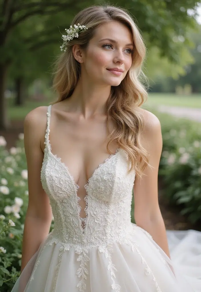 27 Half Up Half Down Wedding Hairstyles: Elegant Ideas for Brides 15 27 Half Up Half Down Wedding Hairstyles: Elegant Ideas for Brides - 13. Romantic Waves with Side Braid