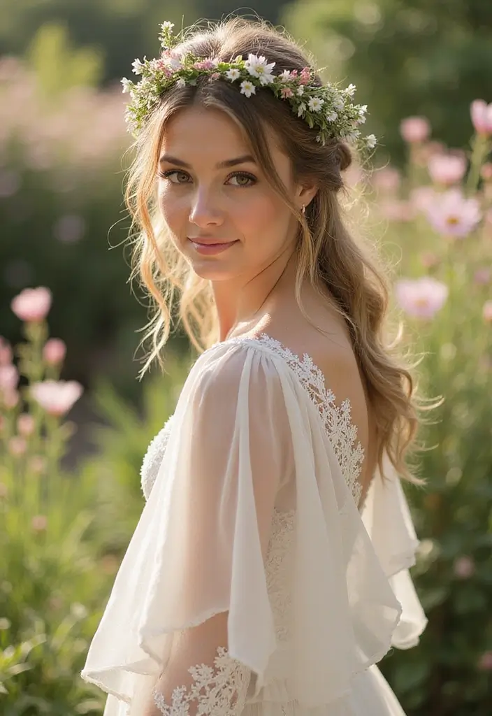 27 Half Up Half Down Wedding Hairstyles: Elegant Ideas for Brides 2 27 Half Up Half Down Wedding Hairstyles: Elegant Ideas for Brides - 2. Messy Half Up with Floral Accents