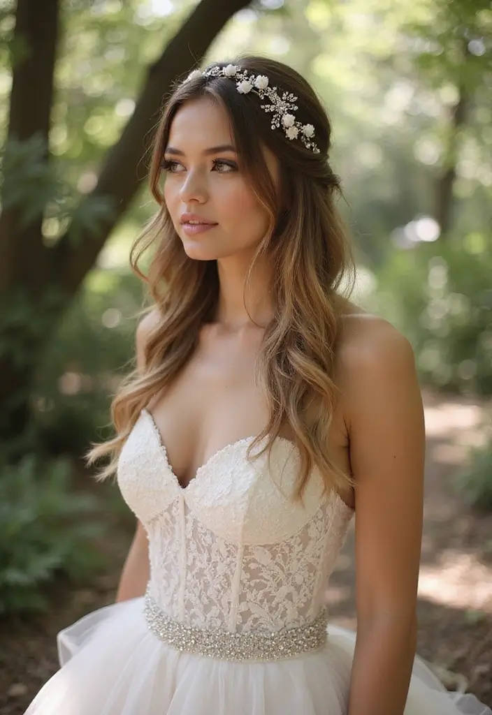 27 Half Up Half Down Wedding Hairstyles: Elegant Ideas for Brides 22 27 Half Up Half Down Wedding Hairstyles: Elegant Ideas for Brides - 20. Half Up with a Hair Vine