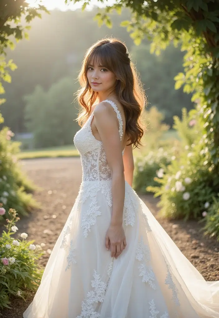27 Half Up Half Down Wedding Hairstyles: Elegant Ideas for Brides 25 27 Half Up Half Down Wedding Hairstyles: Elegant Ideas for Brides - 21. Half Up with Side Swept Bangs