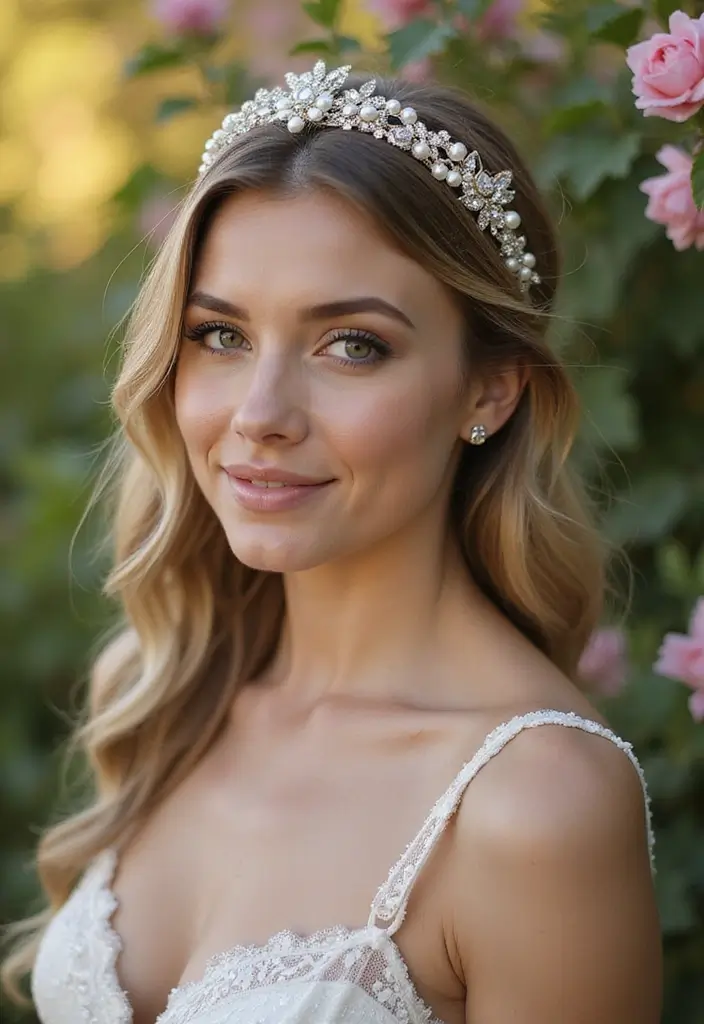 27 Half Up Half Down Wedding Hairstyles: Elegant Ideas for Brides 27 27 Half Up Half Down Wedding Hairstyles: Elegant Ideas for Brides - 23. Half Up with Jewelled Headpiece