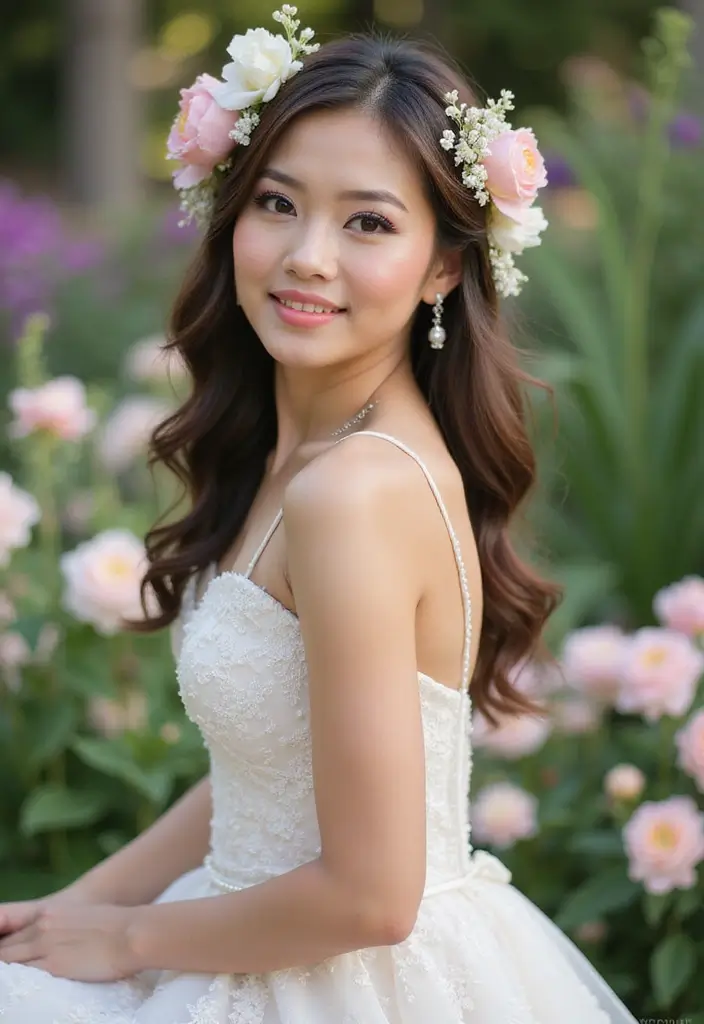 27 Half Up Half Down Wedding Hairstyles: Elegant Ideas for Brides 28 27 Half Up Half Down Wedding Hairstyles: Elegant Ideas for Brides - 24. Half Up with Cascading Flowers