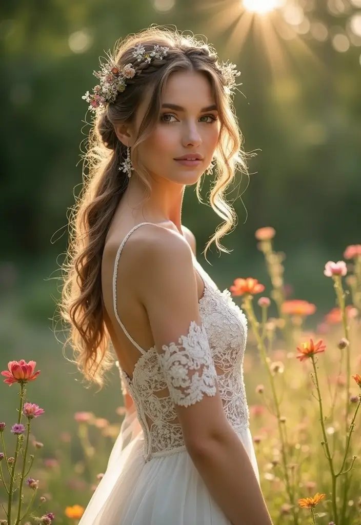 27 Half Up Half Down Wedding Hairstyles: Elegant Ideas for Brides 31 27 Half Up Half Down Wedding Hairstyles: Elegant Ideas for Brides - 27. Bohemian Braids and Half Up