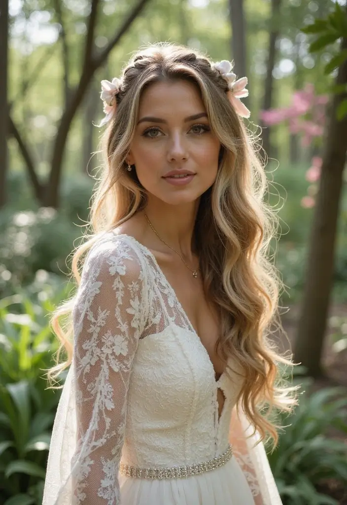 27 Half Up Half Down Wedding Hairstyles: Elegant Ideas for Brides 4 27 Half Up Half Down Wedding Hairstyles: Elegant Ideas for Brides - 4. Bohemian Half Up with Ribbons and Bows