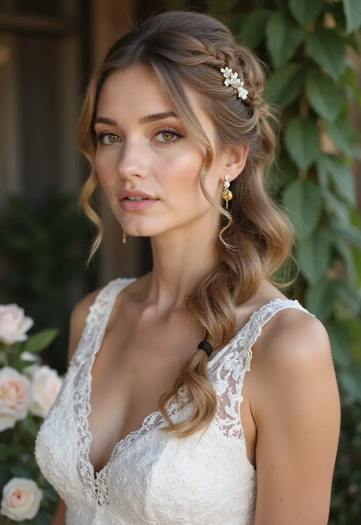 27 Half Up Half Down Wedding Hairstyles: Elegant Ideas for Brides 5 27 Half Up Half Down Wedding Hairstyles: Elegant Ideas for Brides - 5. Fishtail Braid Half Updo