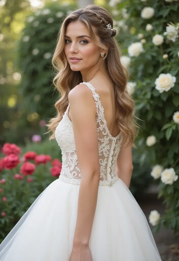 27 Half Up Half Down Wedding Hairstyles: Elegant Ideas for Brides 8 27 Half Up Half Down Wedding Hairstyles: Elegant Ideas for Brides - 8. Cascading Half Up with Braided Detail